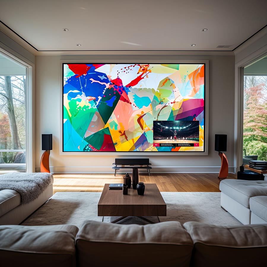 Modern living room with a wide LED display showing colorful spheres