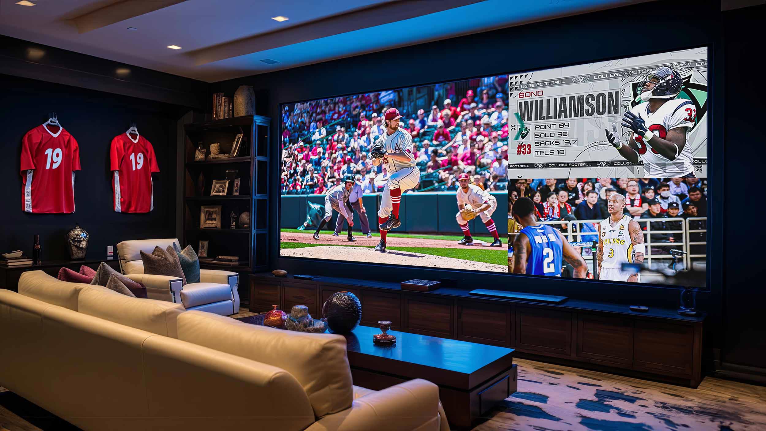 Modern media room with MicroLED display showing baseball game