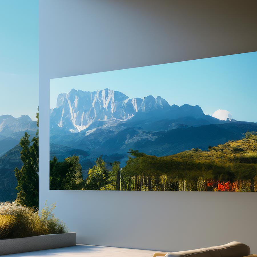 Outdoor terrace with large wall screen showing a mountain landscape