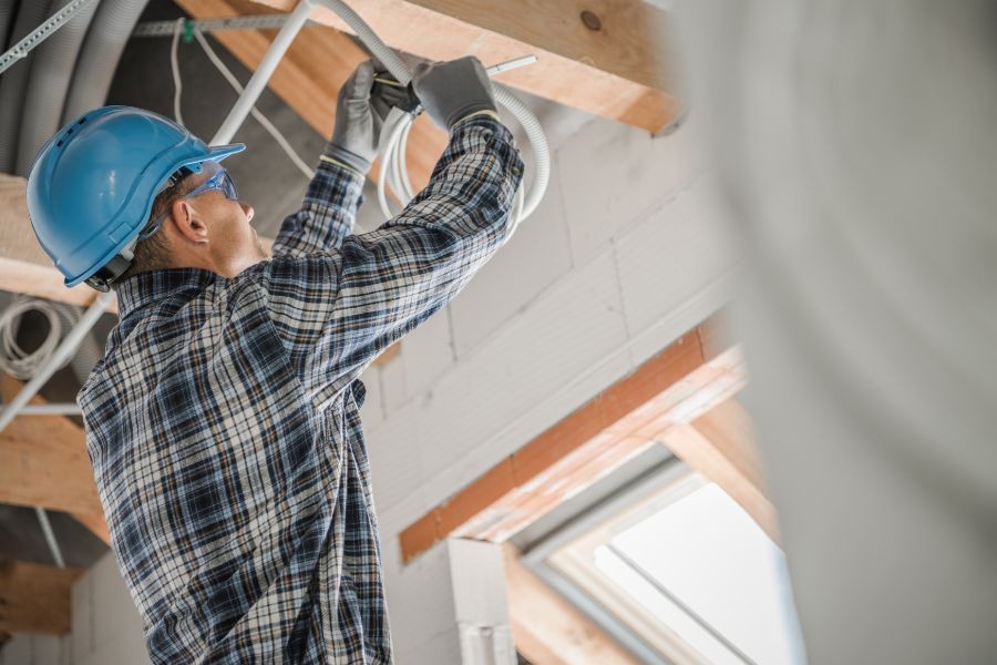An electrician working in the beams of a new home build.